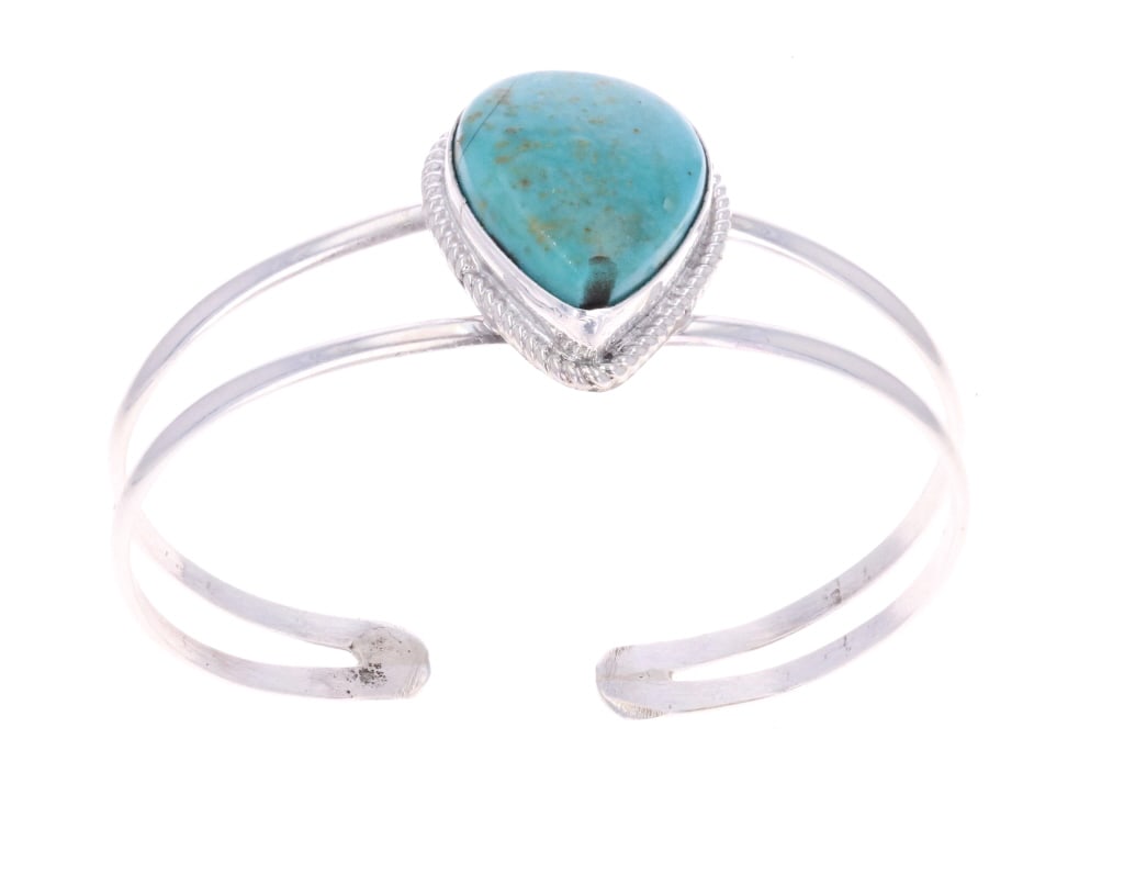Navajo J. Begay Sterling & Turquoise Cuff Bracelet: For your consideration is this Navajo, sterling & Cripple Creek turquoise cuff bracelet by Navajo silversmith Jerome Begay. This bracelet features a sterling construction with a two strand cuff design