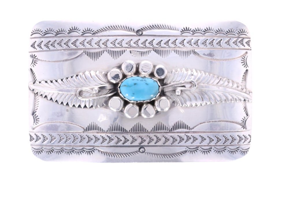 Navajo Wilbert Meyers Sterling Turquoise Buckle: Featured in this lot is this Vintage Navajo Din? Wilbert Meyers Sterling Silver Sleeping Beauty Turquoise Belt Buckle, circa 1960s. The buckle features a wonderfully and professionally crafted stamped