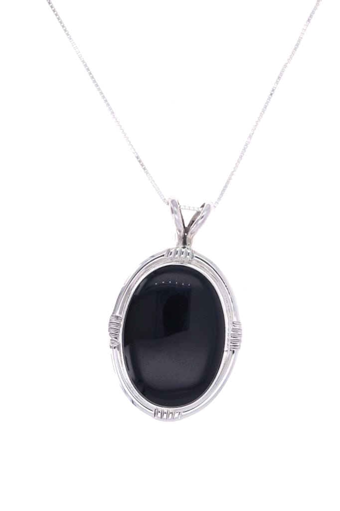 Navajo Clayton C. Tsosie Sterling & Onyx Necklace: For your consideration is this Navajo, sterling & black onyx necklace made by Navajo silversmith Clayton Chez Tsosie. This necklace features a sterling construction and is set with a large, oval caboc
