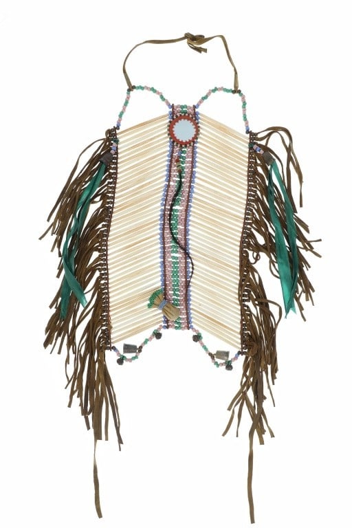 Sioux Mirrored & Beaded Bone Hair Pipe Breastplate: This is a stunning bone hair pipe men's breast plate from the Sioux of the Northern Plains dating to circa 1920-1940's. The piece exhibits carved long slender bone hair pipe / hairpipe double row of b