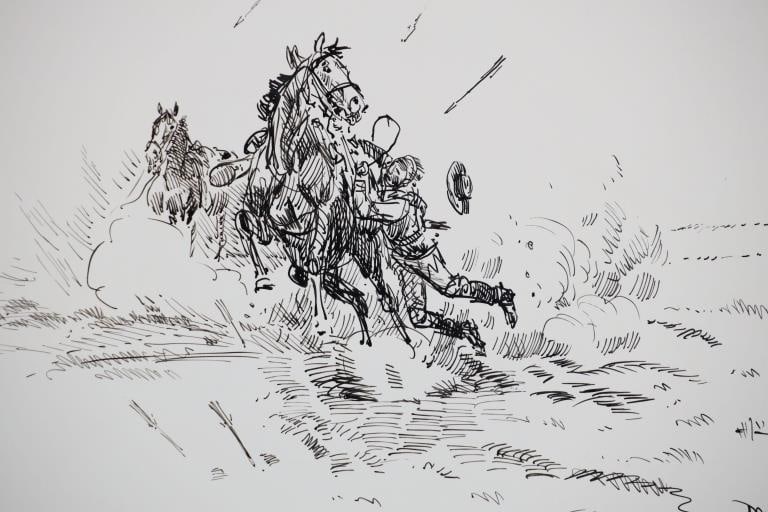 Custer Little Bighorn Original Drawing by Powell: Featured in this lot is this original Ink and pen Study drawing titled " At a place called Little Big Horn" by CAA artist Dave Powell son of Ace Powell. This is an original ink and pen drawing done as