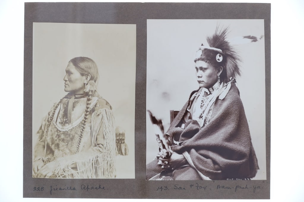 John Hillers Chief Jicarilla Original Photos 1870-: The lot features two historic photographs, first a photograph of Chief Augustine Jicarilla Apache circa 1870-1880?s and Wah-Pash-Ka of the Sac & Fox both by John K. Hillers circa 1896. The first image