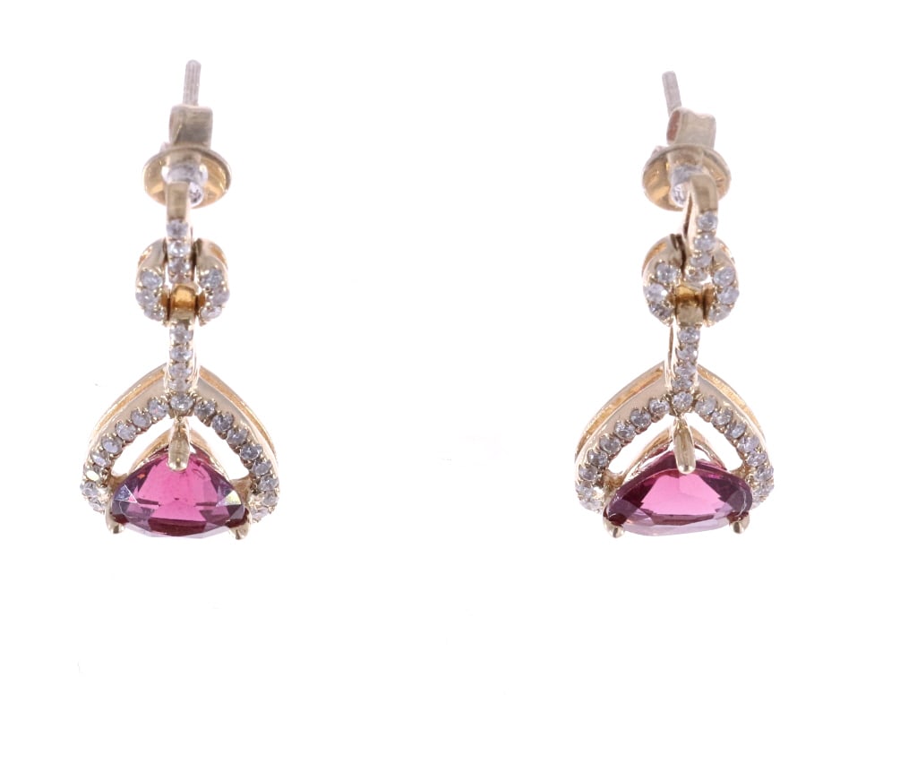 GGA Rhodolite Garnet & Diamond 14K Gold Earrings: Featured in this lot are these beautiful Natural Rhodolite Garnet Diamond and 14K Gold Dangle Earrings. This ring features a wonderfully and professionally crafted construction with two triangular bri