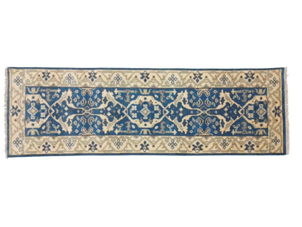 Hand Knotted Persian Oushak Wool Runner Rug: For your consideration is this Persian Oushak hand knotted wool runner rug. The rug features geometric floral patterns, light colors, and a tight weave. The Oushak rug is a style of Persian rug made i
