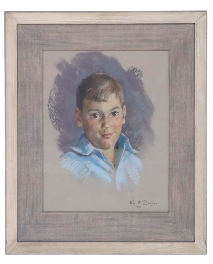 William Draper Oil Pastel Portrait Painting, 1950: Featured in this lot is an Original Signed William F. Draper Oil Pastel Portrait Painting, Young Relative, 1950. Provenance: ex-private Bozeman, Montana collection. Signed and dated by the artist on t
