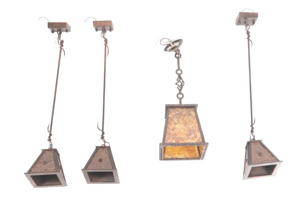 Metal & Faux Stained Glass Ceiling Lights Set (4): Featured in this lot is this four piece, ceiling mounted dining room light fixture from the late 20th century. This fixture features a large, main light and three smaller, accent lights. They feature