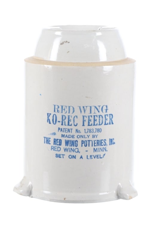 Red Wing Salt Glaze Ko-Rec Feeder Crock 20th C: Featured in this lot is this early 1900s, Red Wing Ko-Rec Feeder manufactured by The Red Wing Potteries Incorporated in Red Wing, Minnesota. The feeder has been salt glazed, a type of durable stonewar