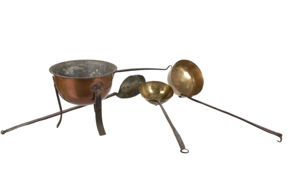 Ca. 1800's Handarbeta Swedish Copper Pot & Ladles: Featured in this lot is this Handarbeta Swedish copper jam pot and two copper ladles circa 19th century. The jam pot features a wonderfully and professionally crafted copper and forged iron constructi