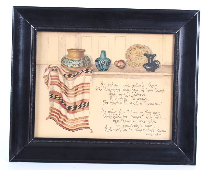 Alice MacHarg Ferril (1867-1962) Original Art: This is an original work of art watercolor circa 1920?s of a collection of 19th-century to early 20th-century Navajo Germantown blanket and other pottery and baskets by artist Alice MacHarg Ferril (18