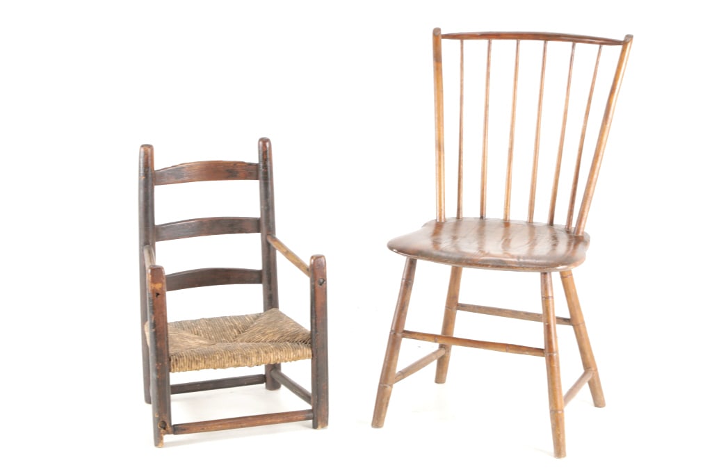 19th C. Birdcage Windsor & Ladder Back Chairs: For your consideration area Child's Birdcage Chair and a Ladderback Chair, early 19th Century New England. Ex-Boston area estate collection. The "birdcage" style of Windsor chair became a popular deco