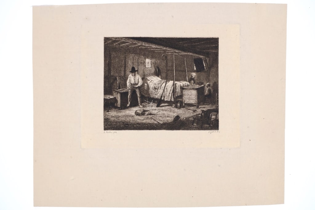 Mid-1800's Adolphe Roehn Poacher's Gun Etching: This is an original, antique copper plate etching by Adolphe Eugene Gabriel Roehn of a Poacher Cleaning his Gun. The antique copper plate etching, circa mid-1800?s is on thick laid paper after the pai