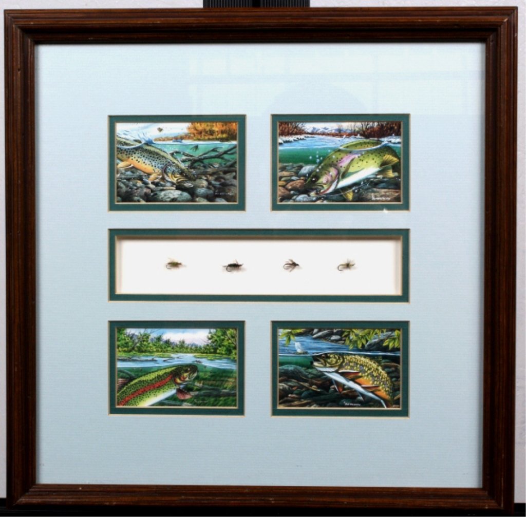 Trout and Hand Tide Flys by Rod Walinchus: This was also autographed by famed fisherman Lefty Kreh. This piece features 4 offset prints by Rod featuring brown, rainbow, and cutthroat trout and also 4 hand tied flies by Rod also. Rod is a nativ