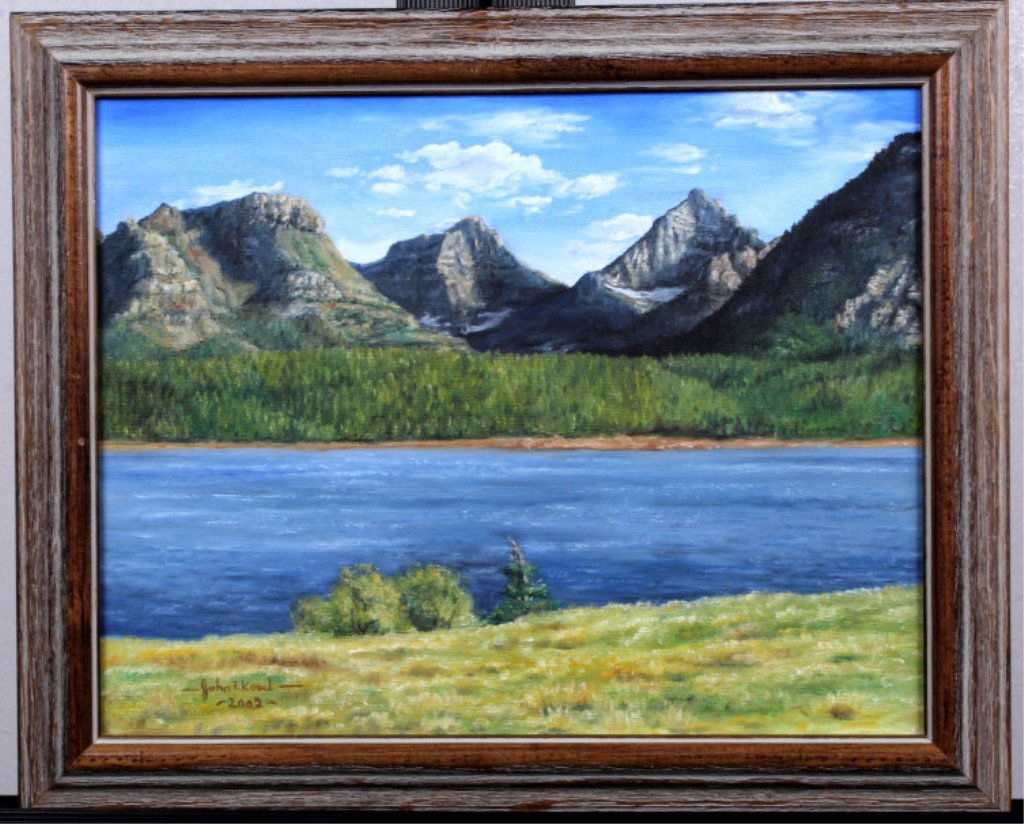Glacier National Park by John T. Kosel: This is an original hand painted work of art done by Montana artist John T. Kosel in 202 when the artist was 16 years old. The work features a Glacier National Park scene in Montana. This is an oil ar