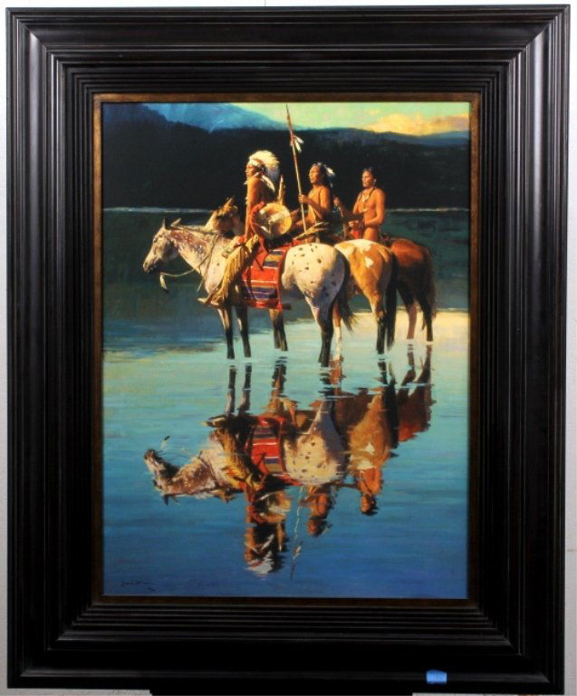 "Peace on Blue Lake" by David Mann: This is an original artwork Giclee Photographic Print on canvas. This is hand signed and numbered by the artist in the lower left. The piece is in a beautiful frame and the artwork features a 3 Native