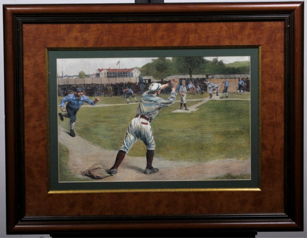 "Thrown Out on Second" by Gilbert Gaul (1855-1919): This was originally done in 1887 and is a hand painted block print. The piece is a Harpers Magazine piece. Gilbert Gaul's pieces exceed $146,500 at auction. This is a wonderful example of his work tha
