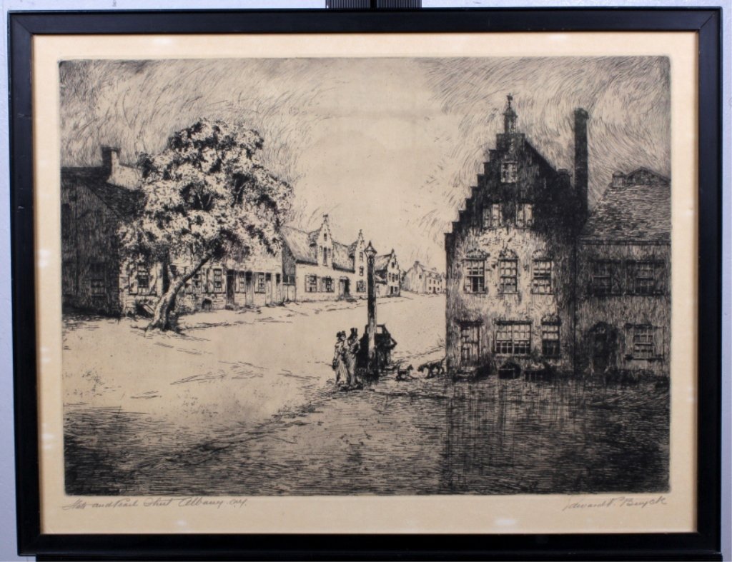 "State and Pearl St." by Edward P. Buyck (1888- ): Born in Belgium, Edward Buyck came to live in Slingerland, NY. He studied at the Royal Academies ir Bruges and Antwerp and the Ecole des Beaux Arts in Paris. His work hangs in the White House Collecti