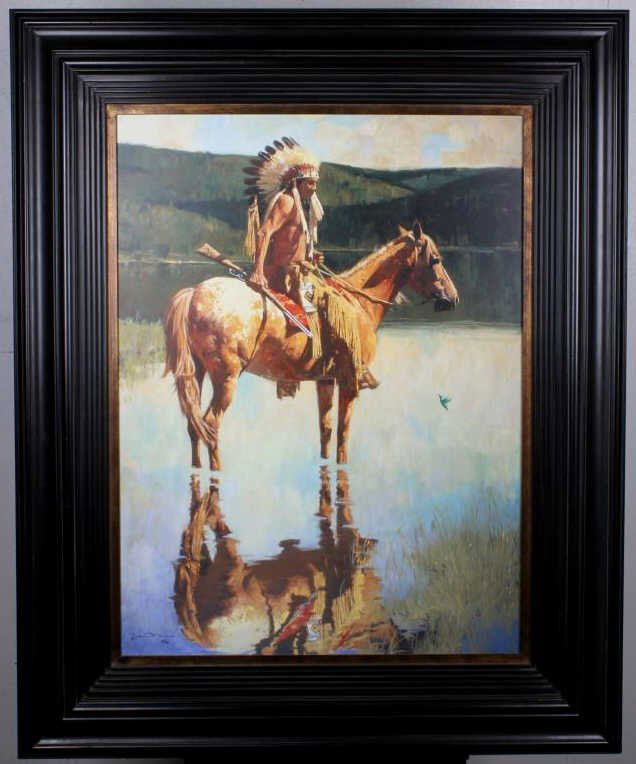 "Hummingbirds Return" by David Mann: This is an original artwork Giclee Photographic Print on canvas. This is hand signed and numbered by the artist in the lower left. The piece is in a beautiful frame and the artwork features a Native A