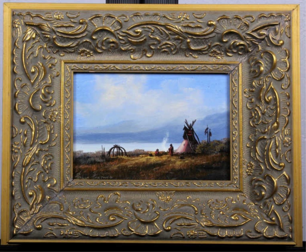 Indian Tepee by Heinie Hartwig (B. 1937): This is an original work of art done on board and features a Northern Plains Possibly Teton Sioux Native American Camp with a Tepee and a Indian around a fire. Heinie Hartwig is an American Western Ar