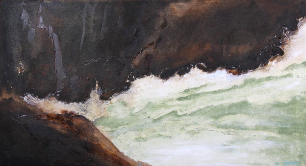 "Top of the Fall" by Stephen Kovacs: This is an original hand painted work of art done by Montana Artist Stephen Kovacs. This piece shows a roaring white capped river rushing through canyon walls and is done of the Yellowstone River. The