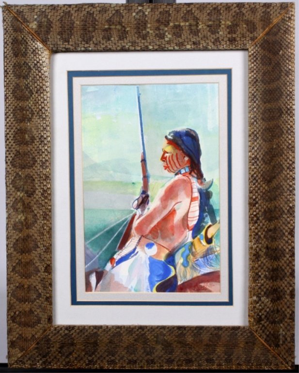 Blackfoot Indian Self Portrait by Gutori: This is an original watercolor painting done by a Blackfoot Native American man signed Gutori. This is done as a self portrait and was bought directly from the Indian Man. This features a man in color