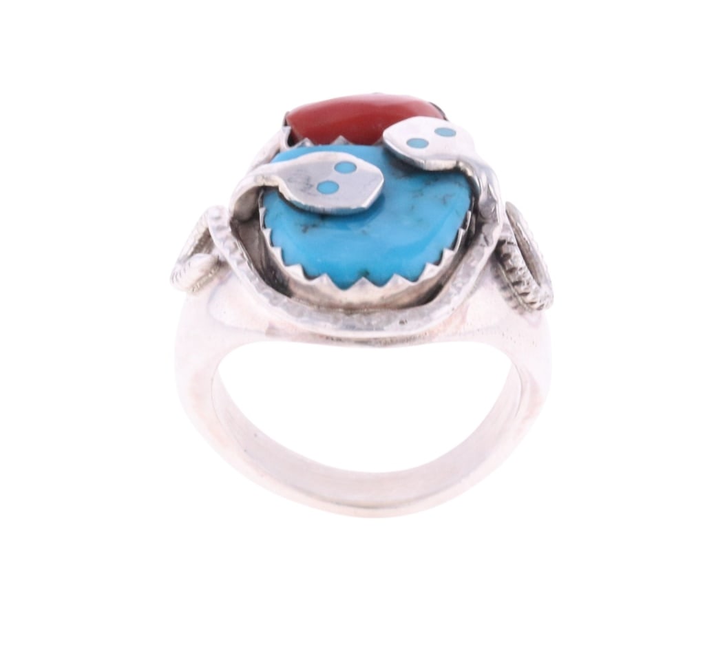 Vintage Effie Calavaza (1927-2019 Zuni) Ring: Featured in this lot is this Vintage Zuni Effie Calavaza Sterling Silver Sleeping Beauty Turquoise and Oxblood Branch Coral signed large ring. This is a rare, vintage and iconic snake men?s ring by re