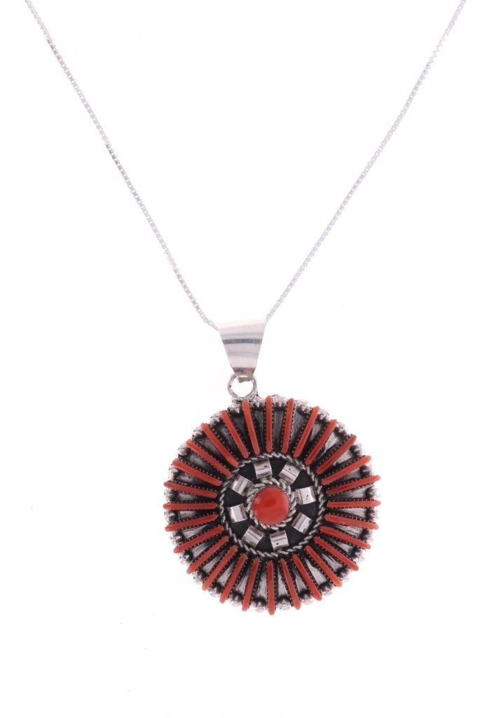 Zuni C. Lanconsello Sterling & Red Coral Necklace: Featured in this lot is this beautiful, Zuni sterling & red coral branch needle point necklace from Zuni silversmith Carla Laconsello. This piece features a sterling construction with needle point red