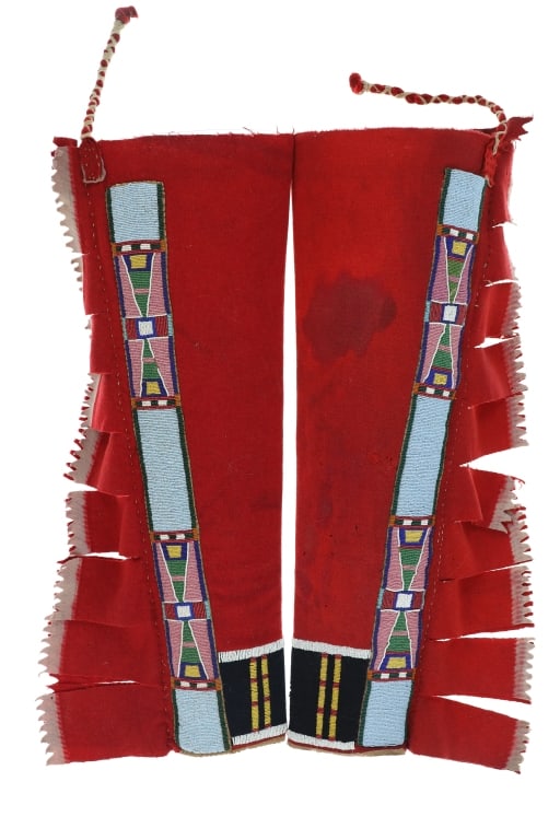 ca. 1870-1880 Crow Aps?alooke Beaded Leggings: This is an exceptional set of circa 1870-1880s Crow Aps?alooke beaded men's leggings from the ex-collection of Fighting Bear Antiques Terry Winchell Jackson, Wyoming and Cisco Gallery Sam Kennedy. The