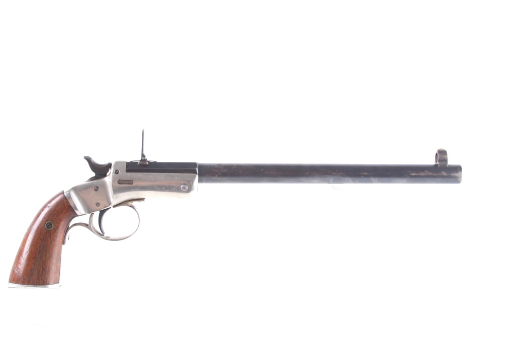 J. Stevens A&T .22 LR Model 40 Single Shot Pistol: Featured in this lot we have a J. Stevens A&T model 40 single shot tip up target pistol chambered in .22 long rifle. The pistol displays 10" round barrel, single action hammer, walnut grips, and