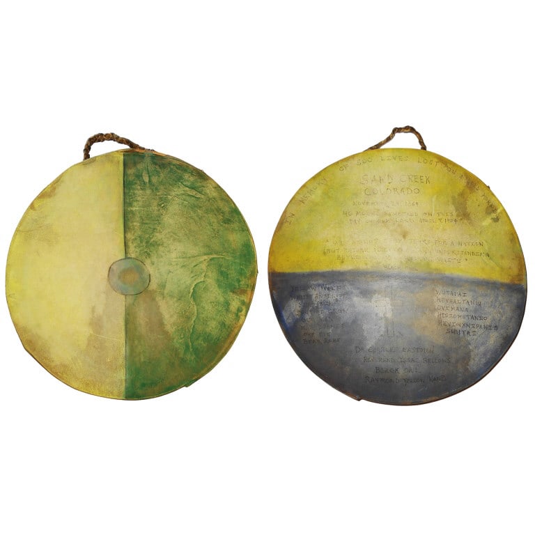 Sand Creek Massacre Memorial Drum c. 1904 RARE: This is a truly historic, authentic and exceptional drum from Black Owl, Raymond Yellow Hand, Dr. Charles Eastman and Reverend Issac Bellows amongst others of the Cheyenne and Arapaho and used in a