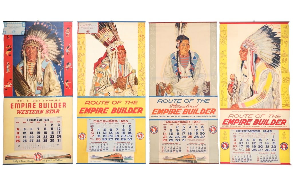 Great Northern Railway Winold Reiss Calendars (4): Featured in this lot are four, Great Northern Railway "Empire Builder" calendars with Winold Reiss artwork from 1945, 1947, 1950 and 1955. Winold Reiss was a German-born American artist and graphic de