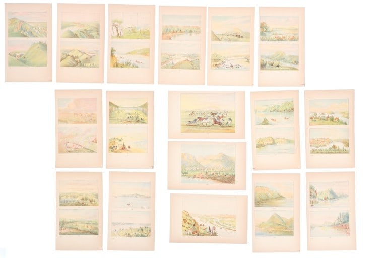 George Catlin Hand Tinted Native American Etchings: Featured in this lot are seventeen, 19th-Century, hand tinted George Catlin (1796-1872) etchings of Native American pictorial drawings and illustration plates, from "Illustrations of the Manners,