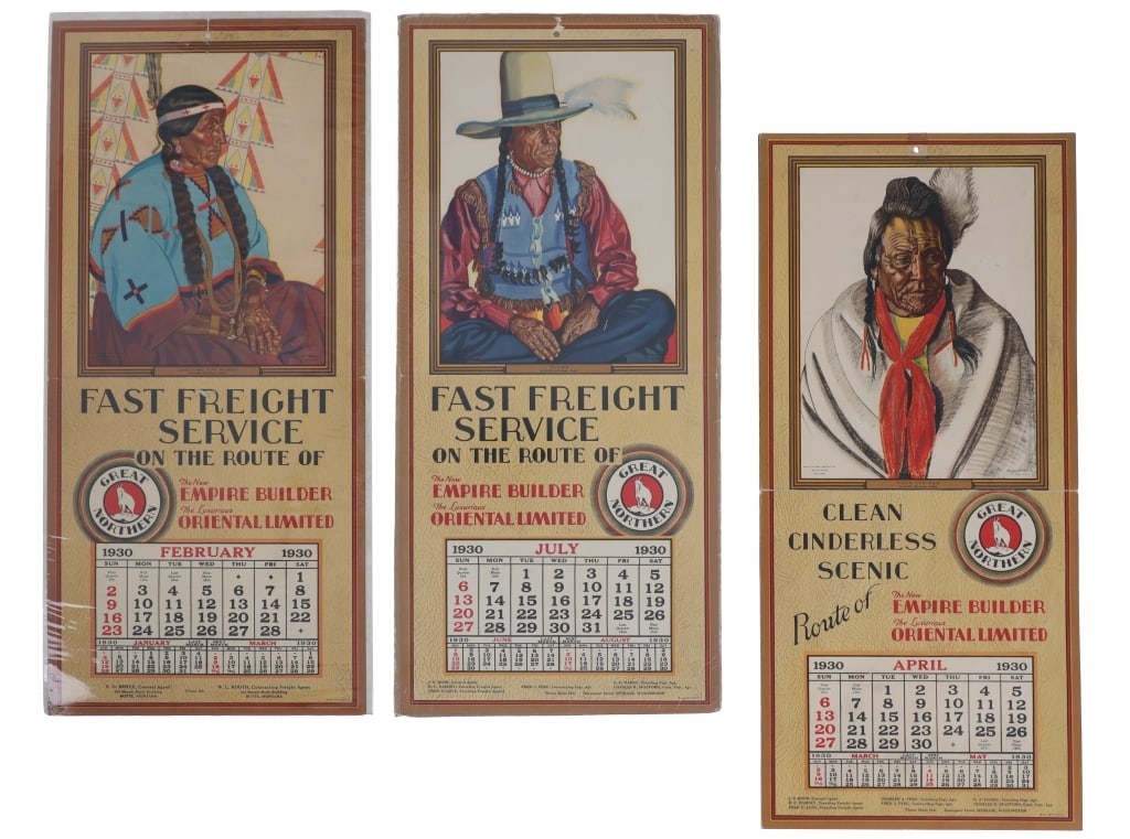 1930 Great Northern RR Calendars Winold Reiss: Featured in this lot are Rare Original Great Northern Railroad Calendars (4) with artwork by Winold Reiss, 1930. These individual calendars are for the months of February, April, July, and August.