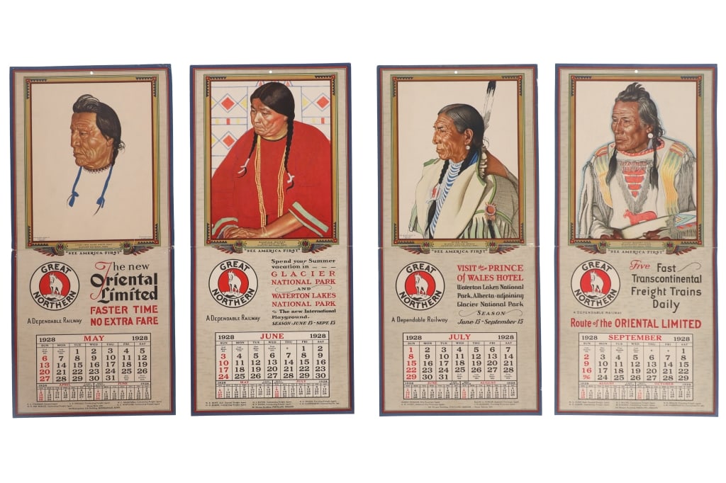 Great Northern RR Calendars Winold Reiss 1928: Featured in this lot are Rare Original Great Northern Railroad Calendars (4) with artwork by Winold Reiss, 1928. These individual calendars are for the months of May, June, July and September. The