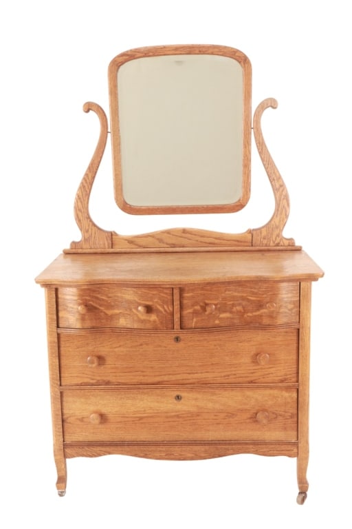 Victorian Era Serpentine Tiger Oak Mirror Dresser (1 of 11)