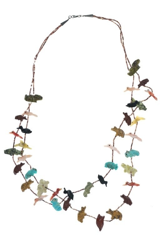 Ca. 1950s Zuni Lavina Tsikewa Fetish Necklace: Featured in this lot is this Zuni hand carved multi-animal fetish necklace circa 1950's and attributed to Lavina Tsikewa Kaskalla. The necklace features a wonderfully and professionally crafted multis