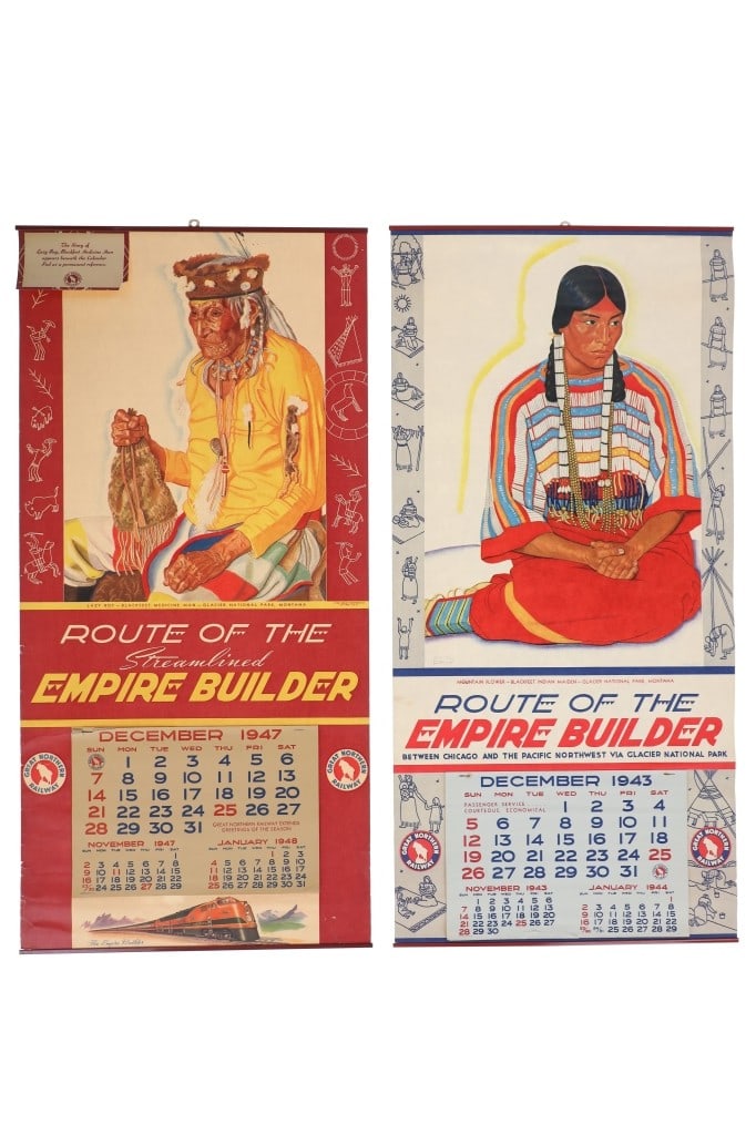 Great Northern Railroad Calendars 1944 & 1948: For your consideration are these Original Great Northern Railroad Calendars with artwork by Winold Reiss, 1944 & 1948. The 1944 calendar features Reiss' painting "Mountain Flower - Blackfeet Indian