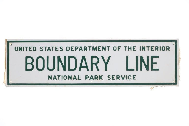 1890 Yellowstone National Park Boundary Sign: For your consideration is an Original National Park Service Boundary Line Sign from Yellowstone National Park, circa 1890 to early 1900s, metal painted sign with embossed lettering, NOS. Most land sur