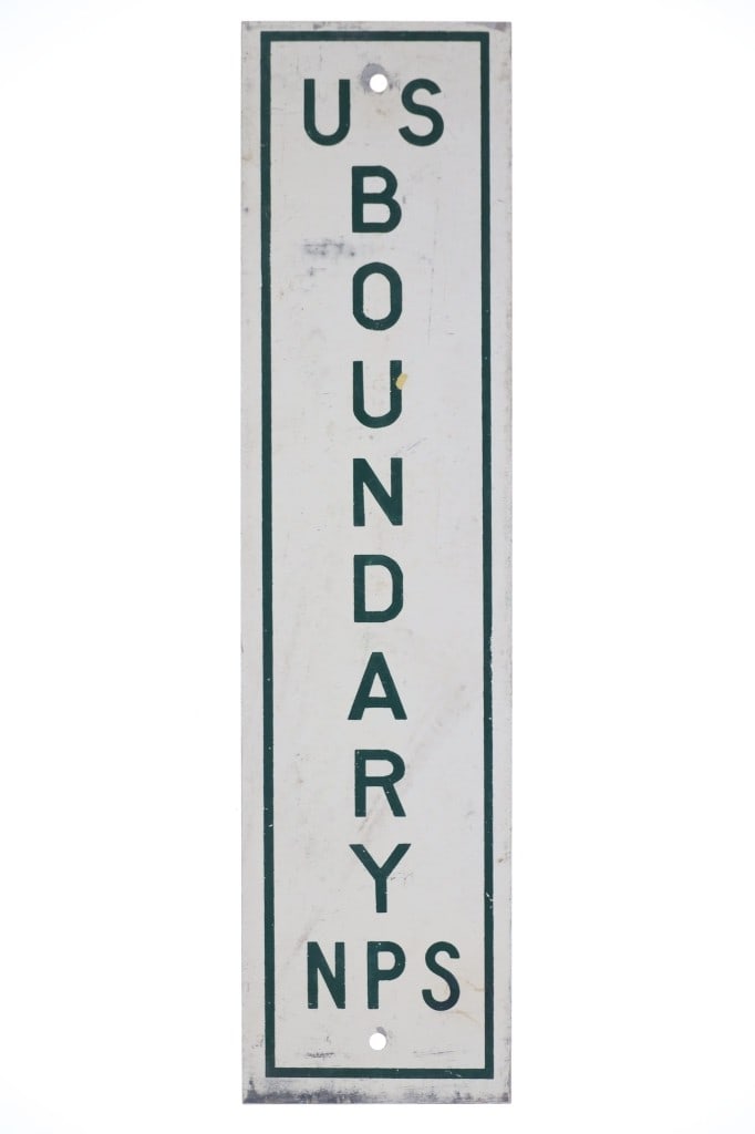 Vintage Yellowstone NPS Boundary Sign: For your consideration is a Vintage Original Yellowstone National Park Boundary Sign, circa Mid-Century, metal painted sign with green on white lettering, NOS. The vertically mounted sign reads "US BO