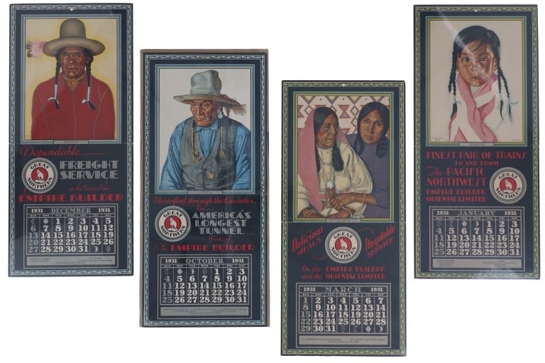 GNRR Winold Reiss Single Calendars 1931 (4): For your consideration are four single, original Great Northern Railway calendars with artwork done by Winold Reiss from 1931. Winold Reiss was a German-born American artist and graphic designer. In 1