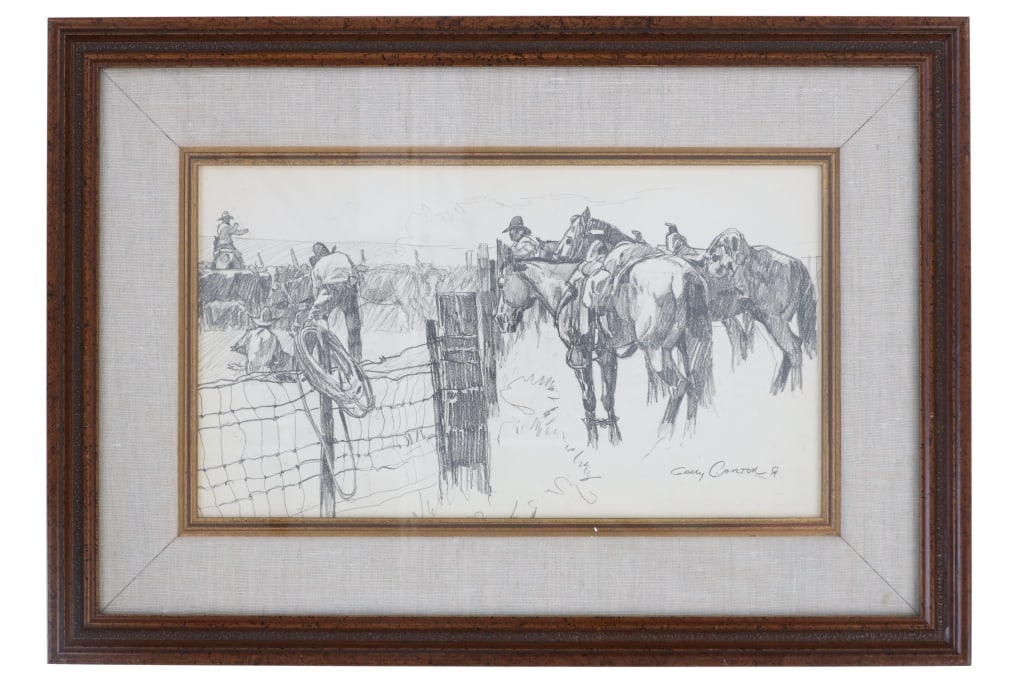 Gary Carter (1939?2025) Original Cowboy Drawing: Featured in this lot is this original large study graphite drawing of a cowboy branding pen by Gary Carter born in 1939 and died in 2025. The sketch features a wonderfully and professionally crafted g