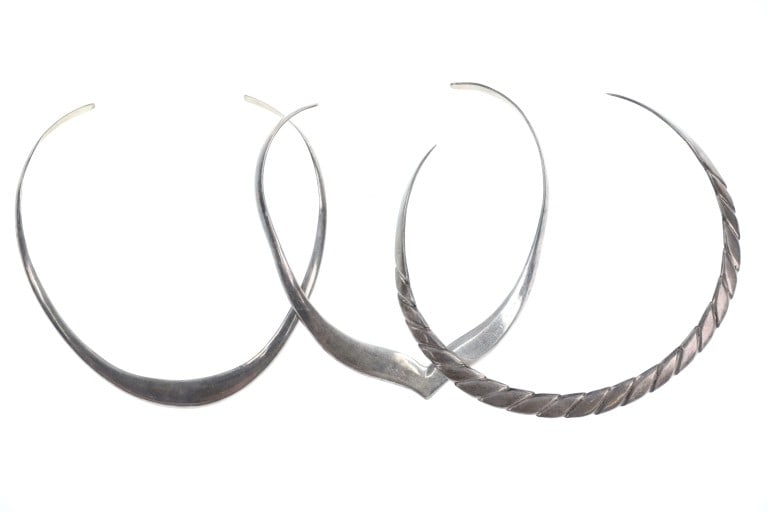 Vintage Taxco Mexico Sterling Choker Necklaces (3): Featured in this lot is this collection of vintage Taxco, Mexico sterling silver choker necklaces. There are three necklaces or chokers in this collection. The necklaces features a wonderfully and