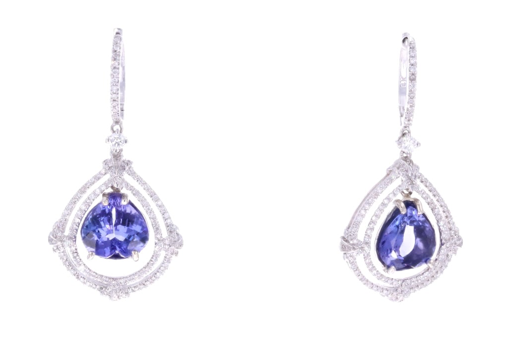 Elegant Tanzanite & Diamond 14K Dangle Earrings: For your consideration is this set of beautiful, 6.23 CTW Tanzanite Zoisite, 0.96 CTW diamond & 14K white gold earrings with GGA paperwork. The earrings shows a 14K white gold construction and is set