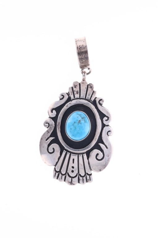 Navajo Tommy Singer Sterling & Turquoise Pendant: For your consideration is this Navajo, sterling & Sleeping Beauty turquoise pendant made by renowned silversmiths Tommy & Rose Singer. The pendant features a wonderfully and professionally crafted ste