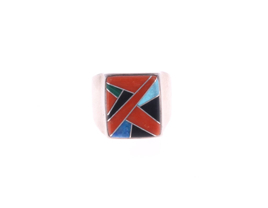 Navajo Sterling Silver Inlay Mosaic Men's Ring: Featured in this lot is this Navajo sterling silver inlay mosaic men's ring. The ring features a wonderfully and professionally crafted sterling silver and multistone construction that shows a inlay