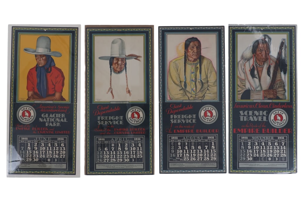 Great Northern RR Winold Reiss Calendars 1931 (4): Featured in this lot are four single, original Great Northern Railway calendars with artwork done by Winold Reiss from 1931. Winold Reiss was a German-born American artist and graphic designer. In 192