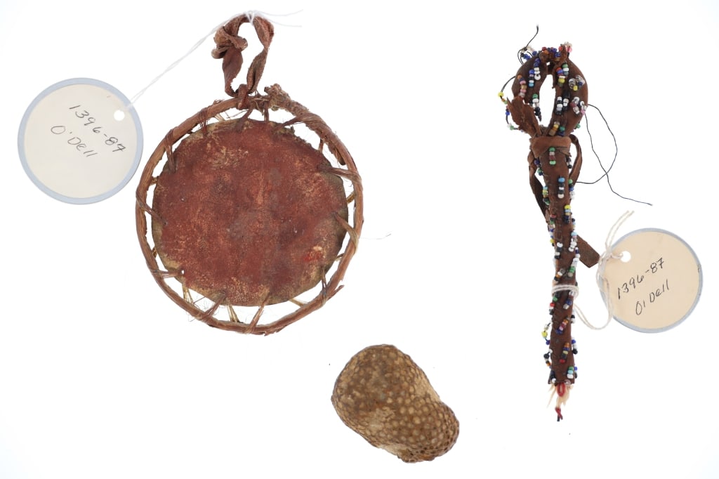 Early 1900 Sioux Shield & Club ex-C.M. Russell: The lot features three early-1900 Sioux Shield, Medicine Club Stick and Club Head miniature toys / trade items from the ex-C.M. Russell Museum Great Falls, Montana and John Kleinschmidt / O?Dell colle