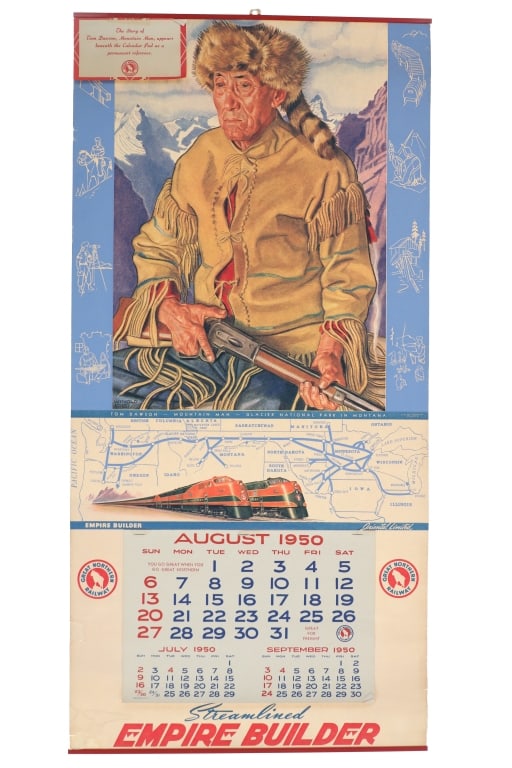 Winold Reiss Empire Builder GNRR Calendar 1950: For your consideration is this Original 1950 Winold Reiss Calendar from the Great Northern Railway. This calendar features Winold Reiss's painting of "Tom Dawson - Mountain Man - Glacier National Park