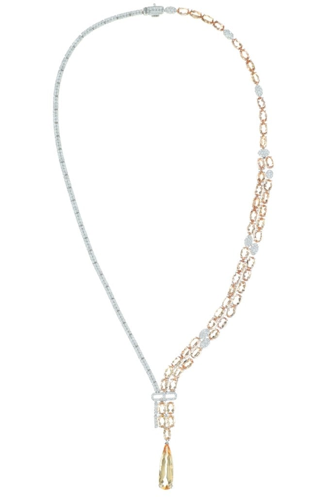 GIA Imperial Topaz VS2 Diamond Platinum Necklace: Featured in this lot is this Imperial Topaz VS2 diamond platinum necklace with GGA and GIA paperwork. The necklace is polished, stamped, and tested platinum construction that is marked as follows: