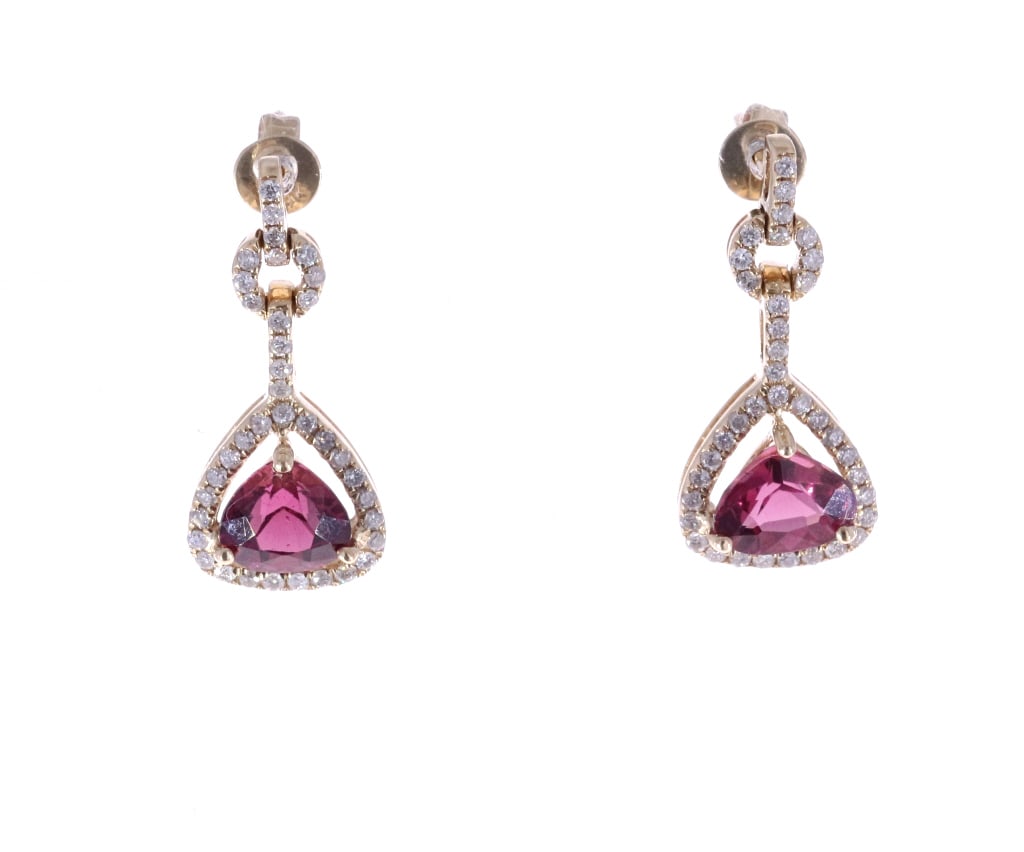Rhodolite Garnet & Diamond 14K Gold Earrings: Featured in this lot are these beautiful Natural Rhodolite Garnet Diamond and 14K Gold Dangle Earrings. This ring features a wonderfully and professionally crafted construction with two triangular