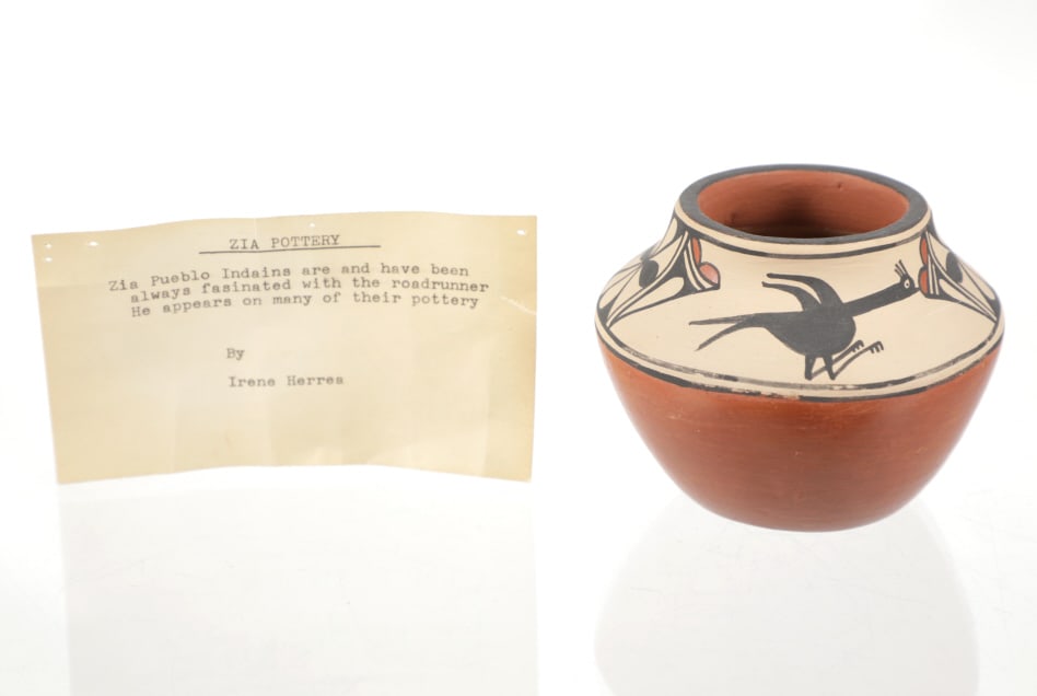 Irene Herrera (Zia, b. 1942) Signed Pottery Olla: This is a beautiful signed Zia Pueblo pottery olla / bowl with polychrome painting from Zia Pueblo artist, Irene Herrera done in the circa 1970?s. The piece is signed on the bvottom and comes with a
